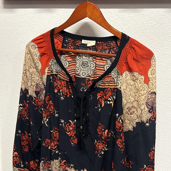 Anthropologie Meadow Rue Blossom Silk Peasant Top Large Blue Orange - Picture 3 of 12